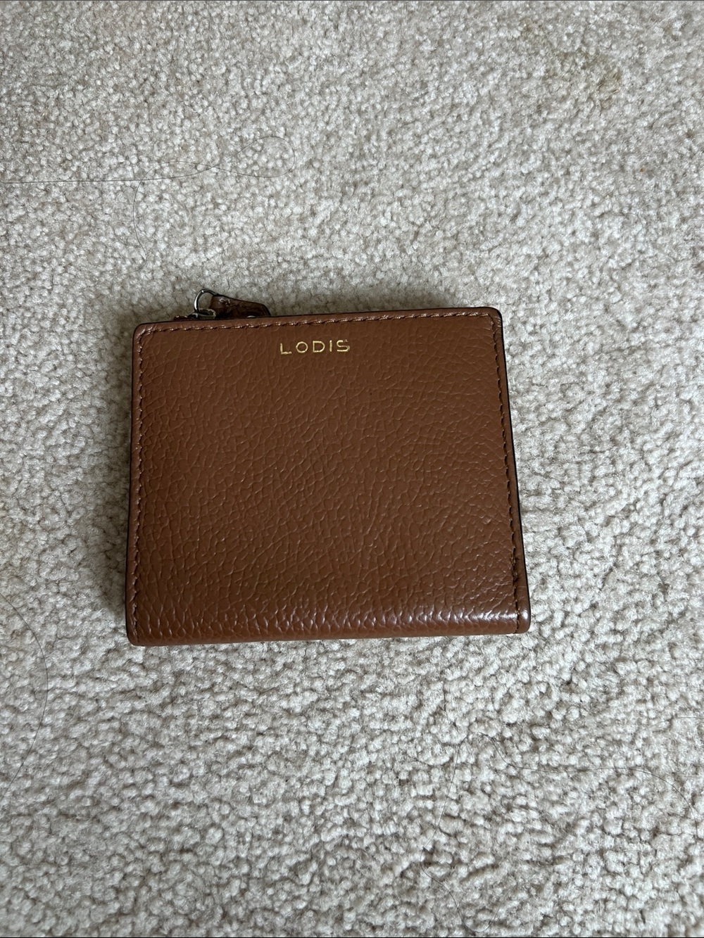 Lodis Chestnut Leather Zip Card Wallet with Gold Logo
